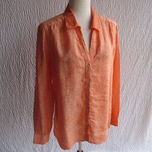 120% Lino Coral Orange Linen Shirt Top Long Sleeve Medium New